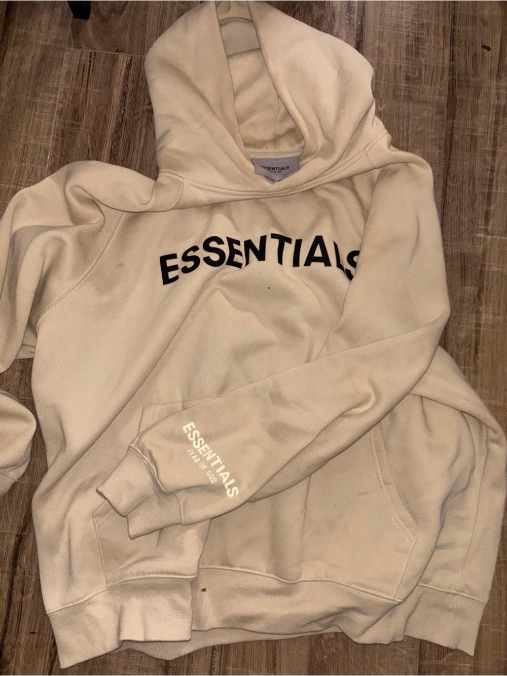 Fear of God ESSENTIALS Cream Crewneck Hoodie with Black Logo